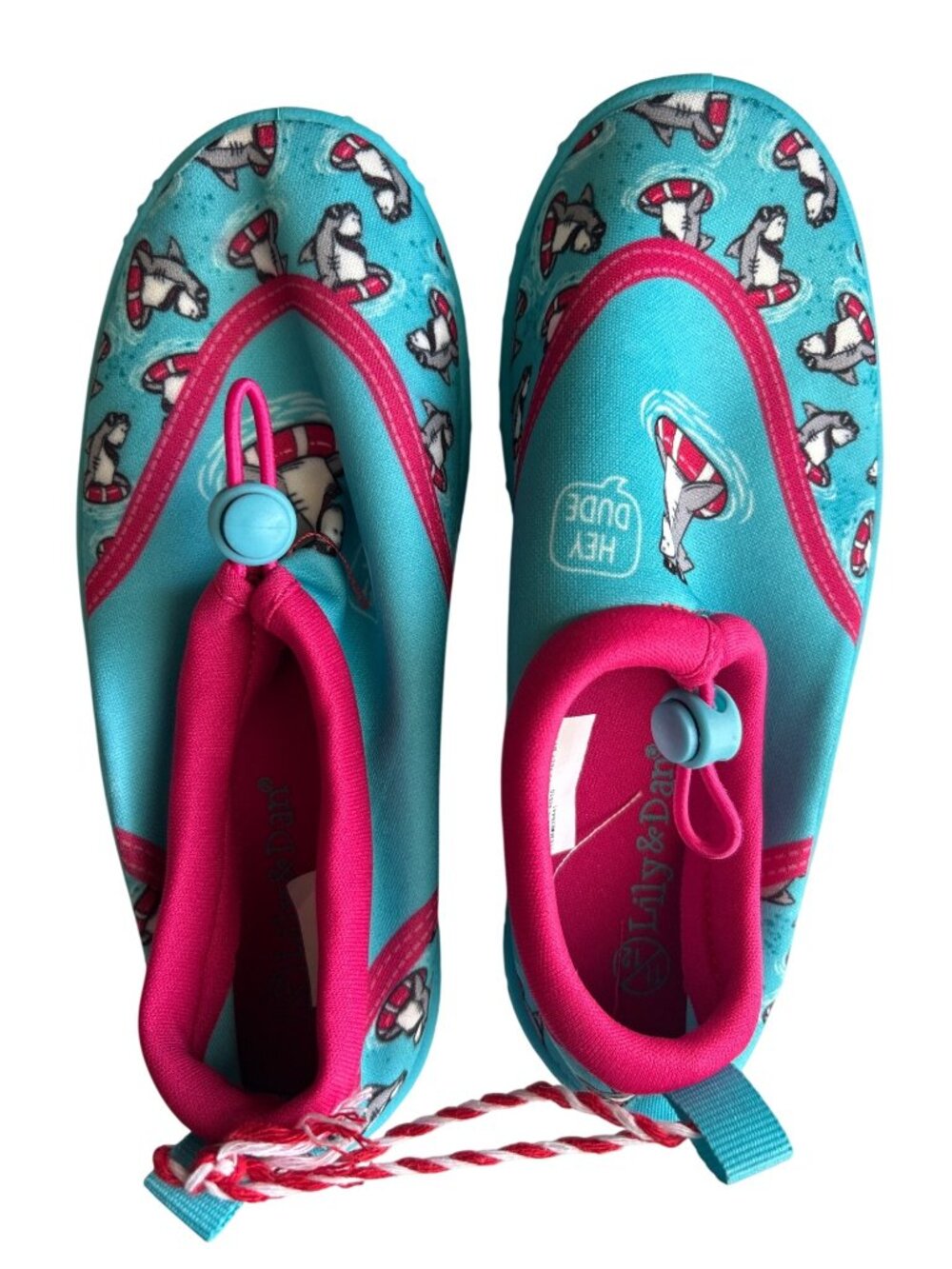 Lily & Dan Kids Water Shoes Size 11/12 Shark Print Aqua & Pink Non-Slip Sole